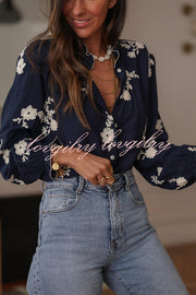 Floral Embroidery Long-Sleeved Button-Up Elegant Shirt