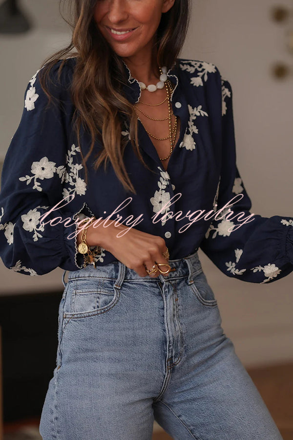 Floral Embroidery Long-Sleeved Button-Up Elegant Shirt