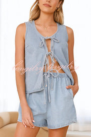 Solid Color Sleeveless Tie Top and Elastic Waist Loose Pocket Denim Shorts Set