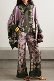 Satin Unique Print Loose Batwing Sleeve Top and Elastic Waist Pocket Casual Wide-leg Pants Set