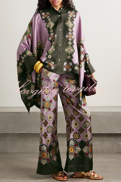 Satin Unique Print Loose Batwing Sleeve Top and Elastic Waist Pocket Casual Wide-leg Pants Set
