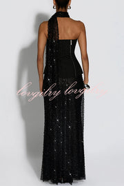 Oakley Corset Strapless Top and Sequin High Rise Maxi Skirt Scarf Set