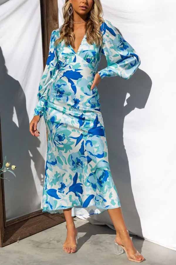 Chic Bouquet Floral Satin Elastic At Back Midi Dress