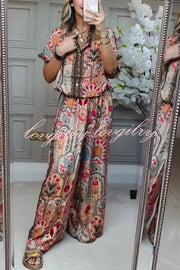 Unique Printed Loose Short-sleeved Top and Elastic Waist Casual Wide-leg Pants Set