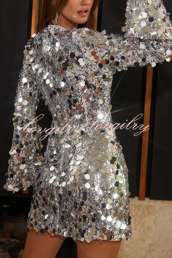 Fashionable and Dazzling Large Sequins Long Bell Sleeve H-line Mini Dress