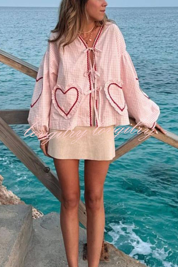 Lovely Plaid Heart Pattern Casual Lace-up Pocket Loose Shirt