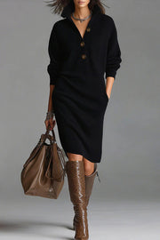 Solid Color Collared Button Pocket Loose Casual Knit Midi Dress