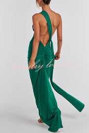 Sexy Backless Pleated Slim Solid Color Sleeveless Elegant Maxi Dress