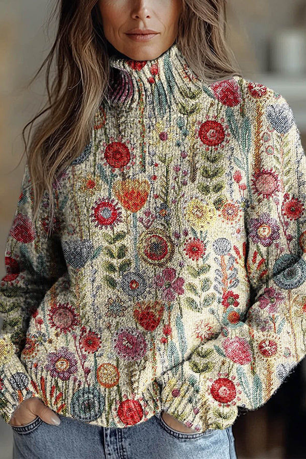 Floral Pattern High-Neck Long-Sleeved Loose Sweatshirt