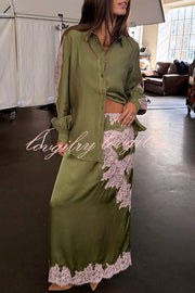 Eye-catching Work Contrast Color Lace Trim Button Up Long Sleeve Loose Blouse