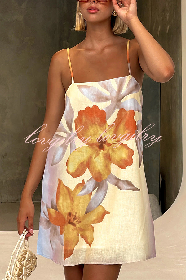 Summer Surprise Linen Blend Floral Print Slip H-line Mini Dress