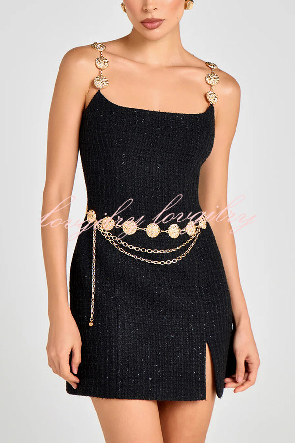 Timeless Exquisite Tweed Fabric Metal Coin Chain Detail Slip Mini Dress