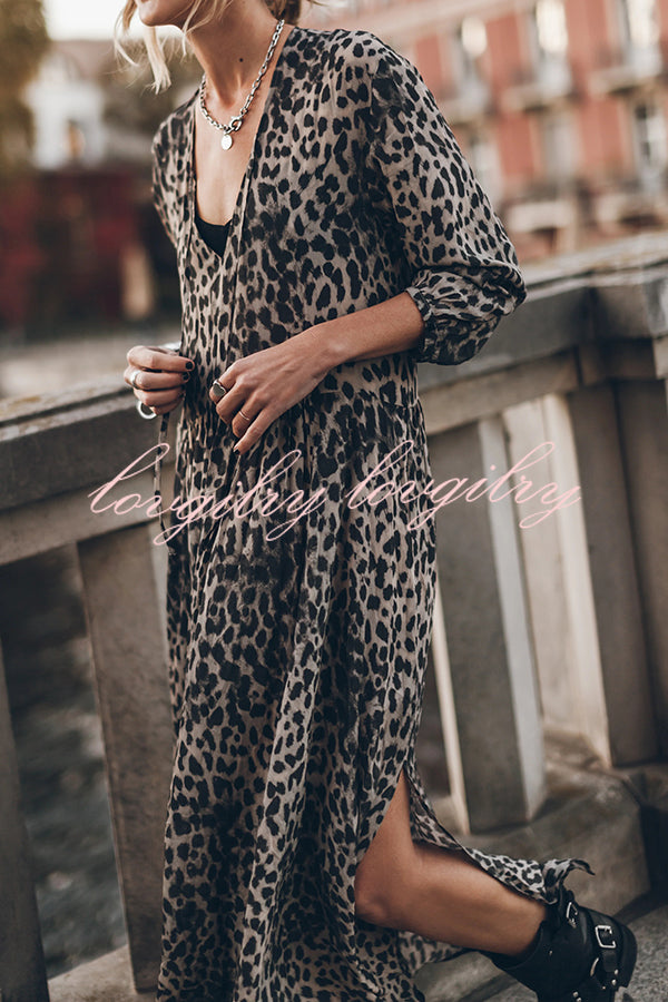 Minimal and Chic Leopard Print Long Sleeve A-line Slit Flowy Maxi Dress