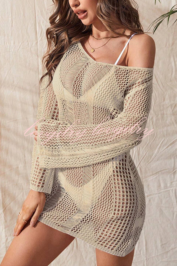 Attractive Knitted Cutout V Neck Tie Back Long Sleeve Sun Cover Up