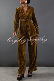 Solid Color Velvet Long-sleeved Waist Tie Top and Elastic Waist Casual Pocket Straight-leg Pants Set