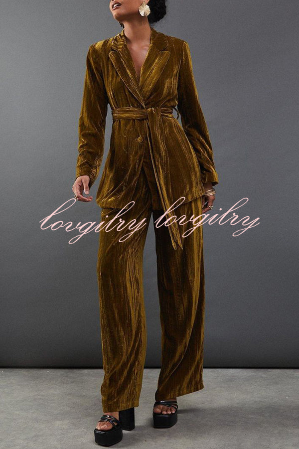 Solid Color Velvet Long-sleeved Waist Tie Top and Elastic Waist Casual Pocket Straight-leg Pants Set