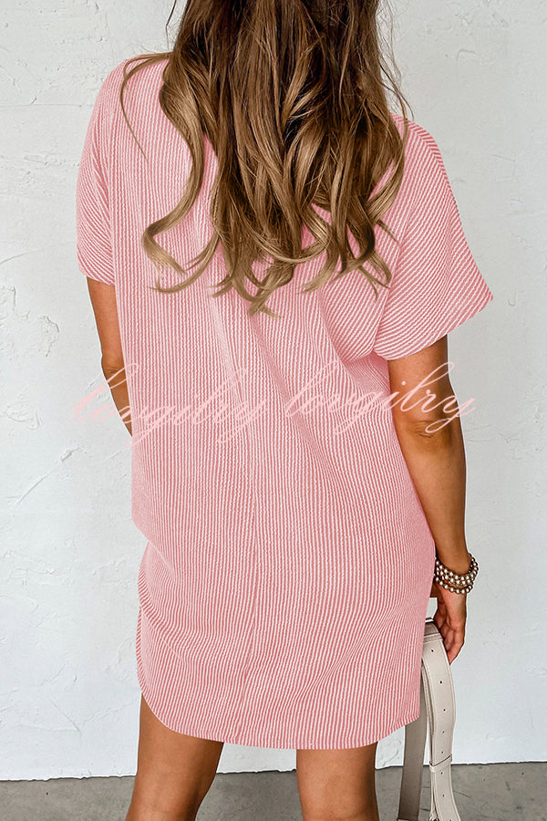 Casual Solid Color Striped Short-sleeved Pocket Mini Dress