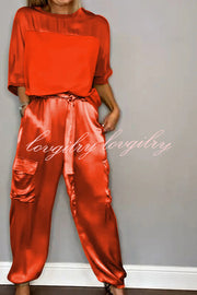 Calissa Smooth Satin Half-sleeved Top and Elastic Waist Pocket Pants Set