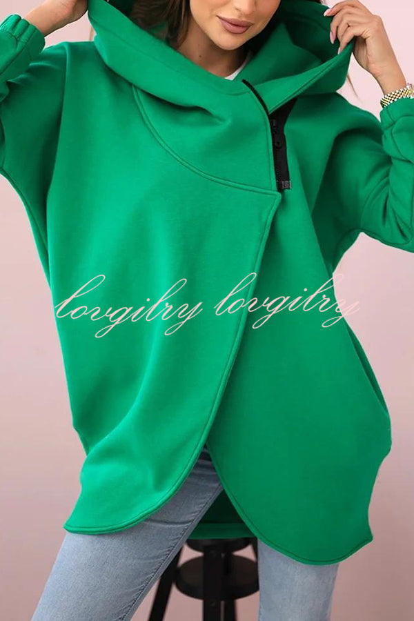 Solid Color Loose Hooded Zip-up Casual Sports Jacket
