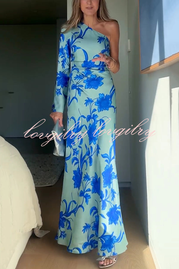 Satin Botanical Print One-Sleeve Resort Maxi Dress