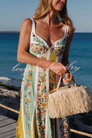 Sweet Garden Linen Blend Color Block Floral Paneled Maxi Dress