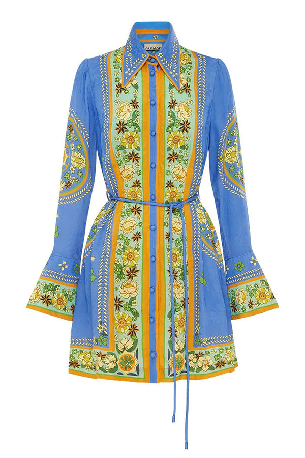 Katia Satin Unique Print Shaped Collar Tie-up Waist Shirt Mini Dress