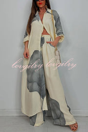 Unique Printed Casual Loose Long Shirt and Elastic Waist Pocket Wide Leg Pants Set