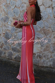 Sunset Breeze Linen Blend Colorful Stripes Cross Halter Flare Maxi Dress