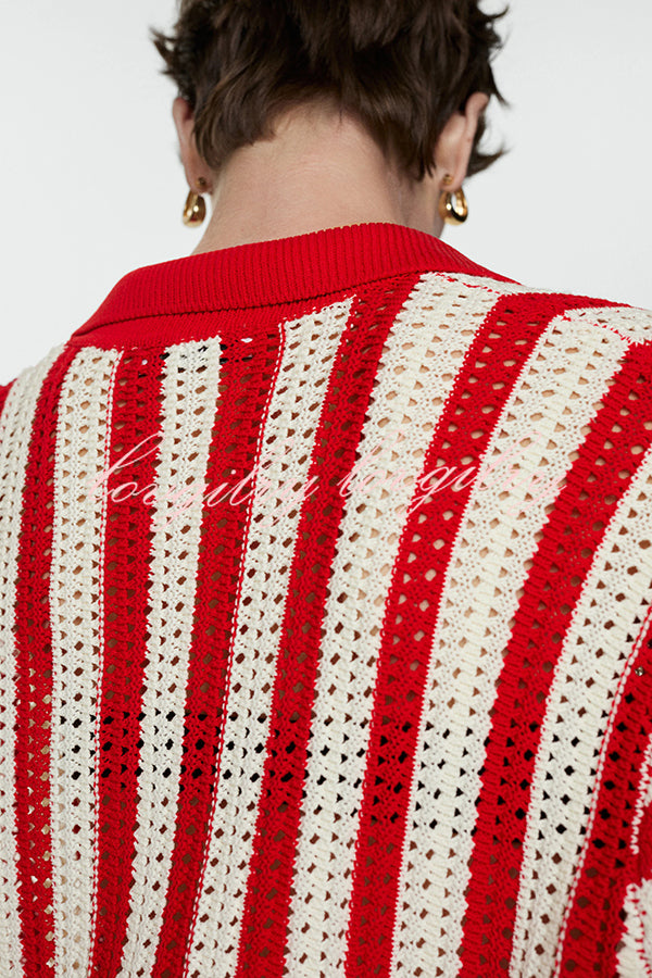 Fashionable Red and White Contrast Lapel Short-sleeved Knitted Top