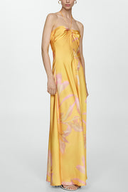 Catalina Island Satin Floral Print Twist Bust Halter Maxi Dress