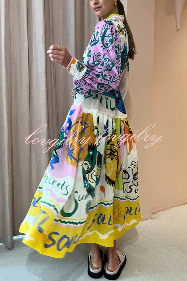 Boldness and Art Unique Print Balloon Sleeve Patchwork Shirt Midi Dress