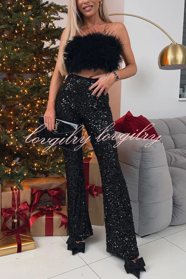 Chic Party Season Sequin High Rise Elastic Waist Flared Stretch Pants