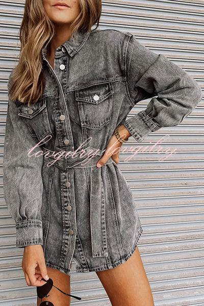 Vintage Belted Single Breasted Pocket Denim Mini Dress