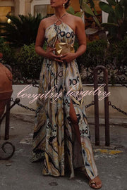 Vacation Feelings Unique Print Halter Ring Cutout Slit Maxi Dress