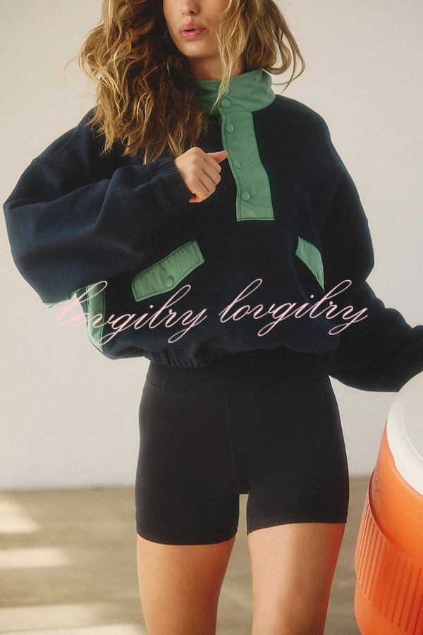 Fashion Contrast Color Stitching Stand Collar Long Sleeve Top and Elastic Waist Loose Pocket Shorts Set