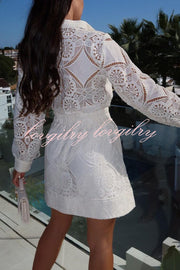 Unique Crochet Lace Long Sleeve Button Blouse and High Rise Skirt Set