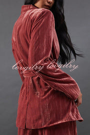 Solid Color Velvet Long-sleeved Waist Tie Top and Elastic Waist Casual Pocket Straight-leg Pants Set
