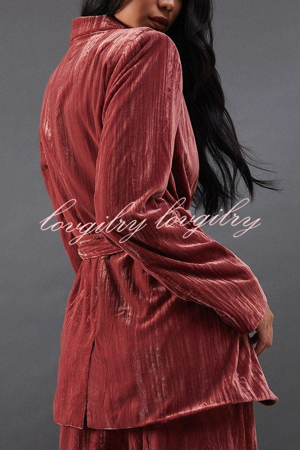 Solid Color Velvet Long-sleeved Waist Tie Top and Elastic Waist Casual Pocket Straight-leg Pants Set