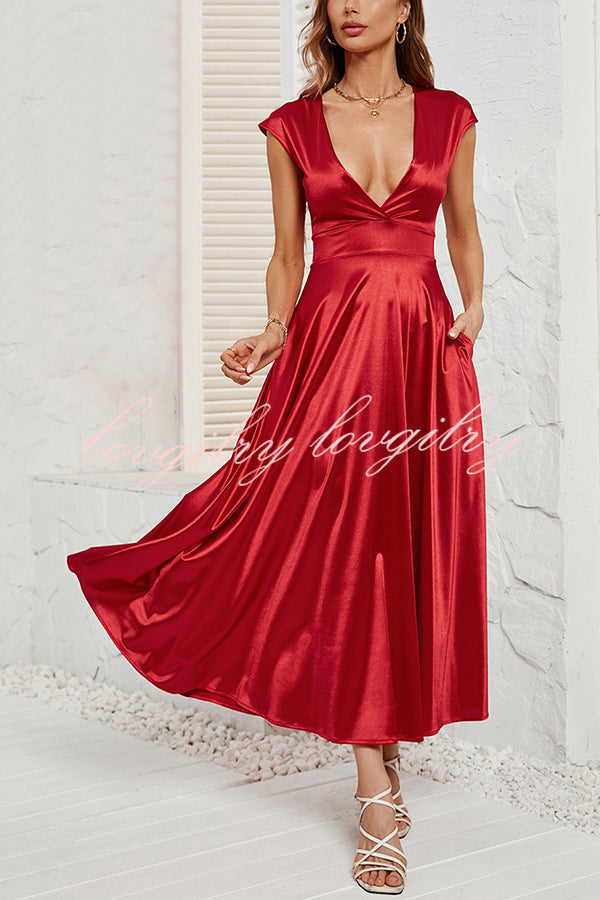 Satin Solid Color Sleeveless V-neck Pocket Maxi Dress