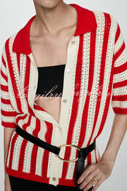 Fashionable Red and White Contrast Lapel Short-sleeved Knitted Top