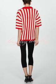 Fashionable Red and White Contrast Lapel Short-sleeved Knitted Top