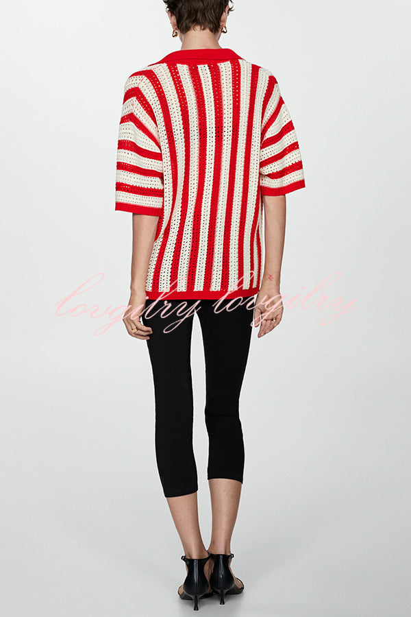 Fashionable Red and White Contrast Lapel Short-sleeved Knitted Top