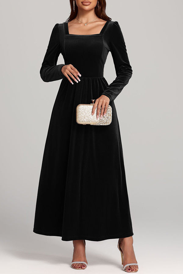 Solid Color Velvet Square Neck Long Sleeve Elegant Maxi Dress