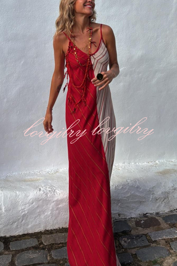 Fashionable Splicing V-neck Suspenders Loose Maxi Dress