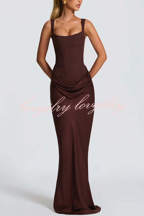 Larrah Square Neck Back Lace-up Satin Drape Hem Maxi Dress