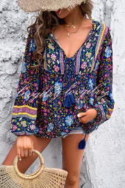 Intricate Floral Print V Neck Lace Up Paneled Long Sleeve Shirt