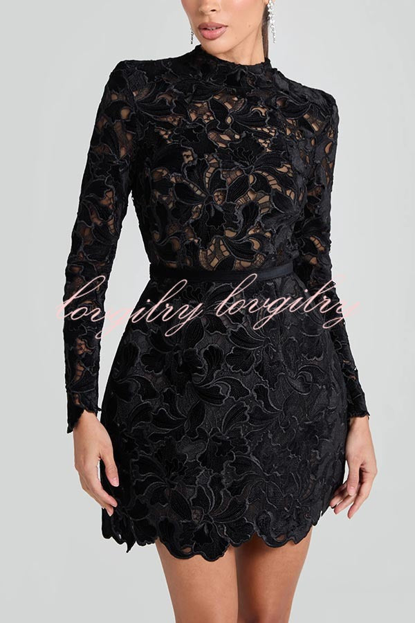 Lydia Embroidered Floral Lace Long Sleeve Belt Tulip Shaped Mini Dress