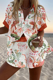 Mermaid Print Loose Button Elastic Waist Shorts Set
