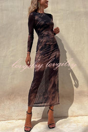 Charm Lady Mesh Overlay Tie Dye Print Long Sleeve Ruched Stretch Midi Dress