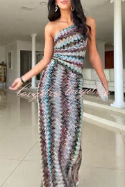 Cocktails and Vacation Knit Colorful Zigzag Pattern One Shoulder Slit Maxi Dress